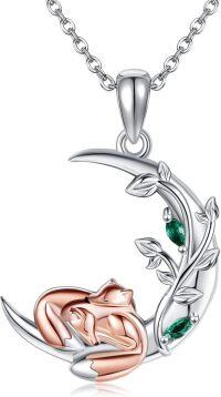 wholesale 925 Sterling Silver Fox Pendant Necklace with Green Gemstones for Women Girls Mothers Day Gift-Foxs