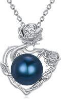 wholesale 925 Sterling Silver Blue Freshwater Pearl Rose Pendant Necklace with Cubic Zirconia Accent-0-0