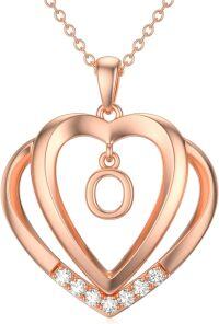 wholesale Sterling Silver Moissanite Heart Initial Pendant Necklace for Her-Rose Gold - O Initial