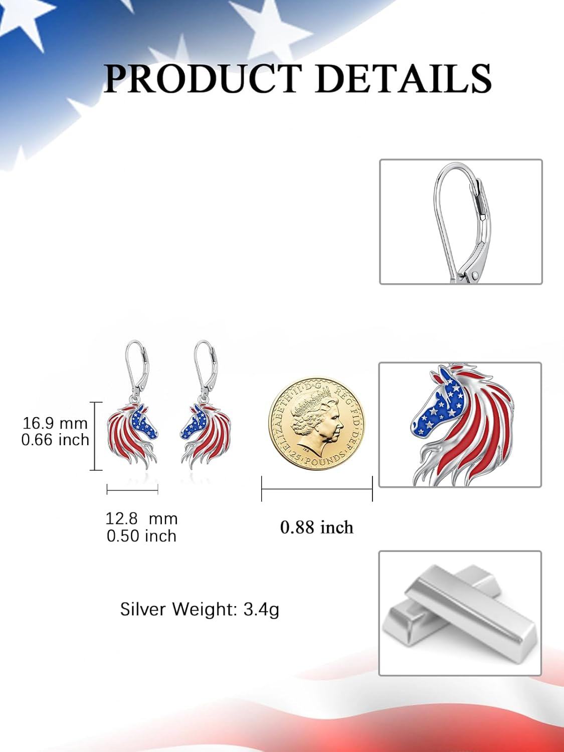 wholesale 925 Sterling Silver Metal Horse Head American Flag Leverback Drop Earrings for Women USA Independence Day-0-4