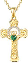 wholesale 925 Sterling Silver Plated 18K Gold  Claddagh Cross Necklace for Women with Emerald Green Stone Celtic Pendant Irish  for Her Birthday or Baptism 18+2 Chain-0-0