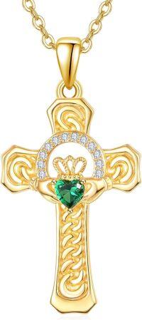 wholesale 925 Sterling Silver Plated 18K Gold  Claddagh Cross Necklace for Women with Emerald Green Stone Celtic Pendant Irish  for Her Birthday or Baptism 18+2 Chain-Yellow Gold