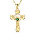 wholesale 925 Sterling Silver Plated 18K Gold  Claddagh Cross Necklace for Women with Emerald Green Stone Celtic Pendant Irish  for Her Birthday or Baptism 18+2 Chain-0-0