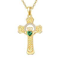 wholesale 925 Sterling Silver Plated 18K Gold  Claddagh Cross Necklace for Women with Emerald Green Stone Celtic Pendant Irish  for Her Birthday or Baptism 18+2 Chain-Yellow Gold