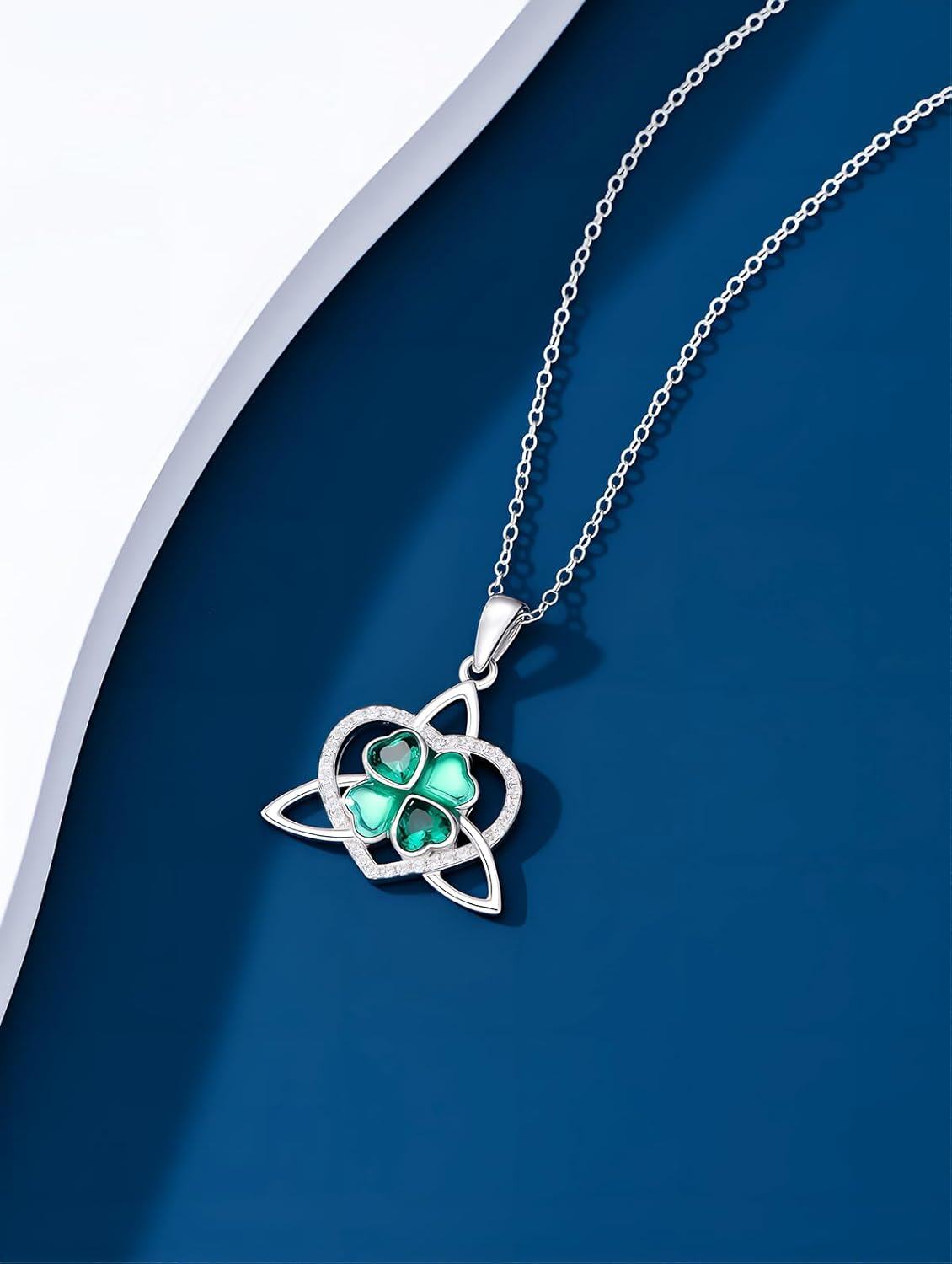 925 Sterling Silver Emerald Green Four-Leaf Clover & Celtic Tree Of Life Pendant Necklace-0-2