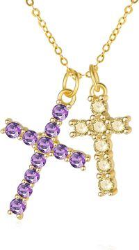 wholesale 14K Gold Sterling Silver Birthstone Double Cross Necklace for Women-02-11-Feb-Nov