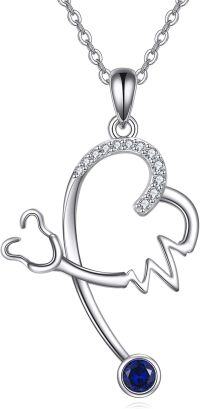 wholesale 925 Sterling Silver Heartbeat Pendant with Blue Sapphire Necklace Gift for Nurses Doctors Medical Students-Blue