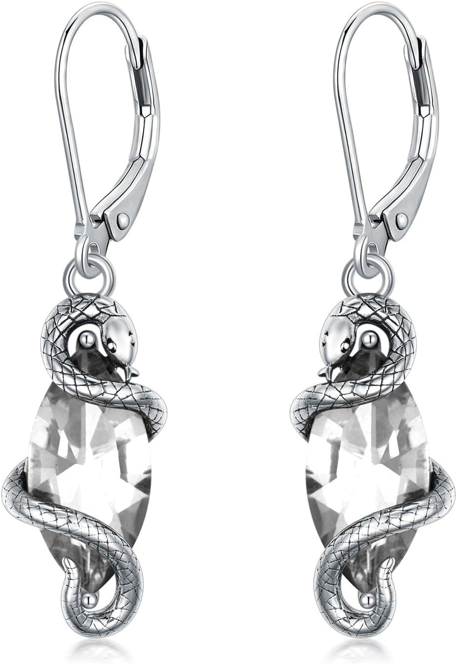 Sterling Silver Crystal Vintage Snake Dangle Drop Leverback Earrings for Women-Clear White