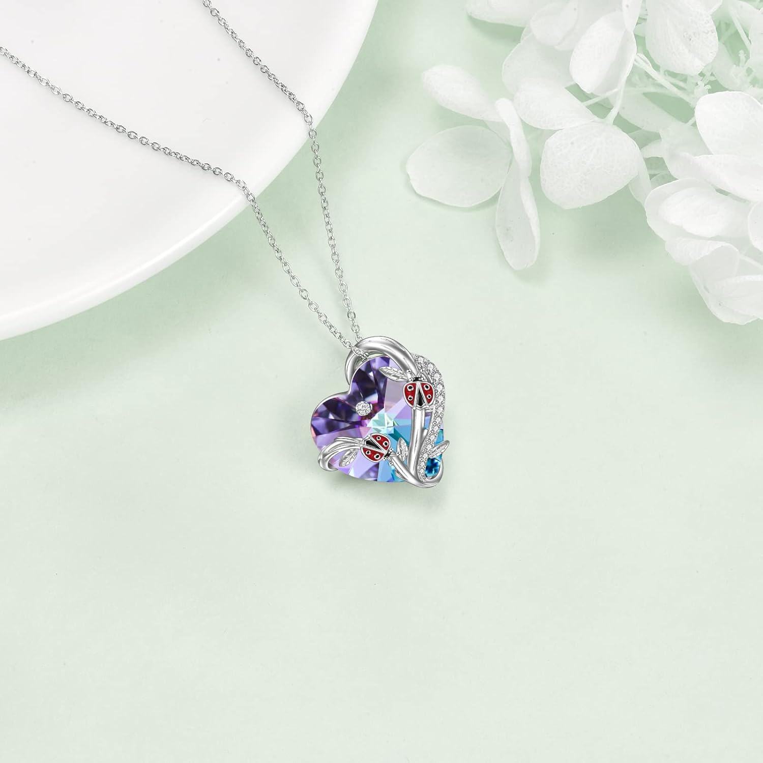 Sterling Silver Heart Crystal Necklace with Butterfly Dragonfly Bee Ladybug Spider Glowworm Jewelry for Women-0-2