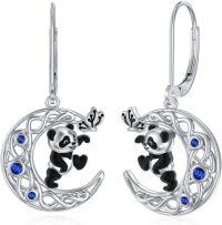 wholesale Sterling Silver Moonstone Cat Fox Panda Dangle Earrings Celtic Crescent Animal Jewelry Gift-Panda