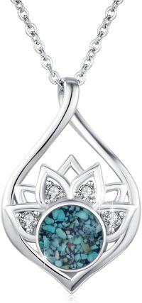 wholesale 925 Sterling Silver Crushed Turquoise & Zircon Lotus Pendant Necklace 24.5x16mm-05-Crushed turquoise