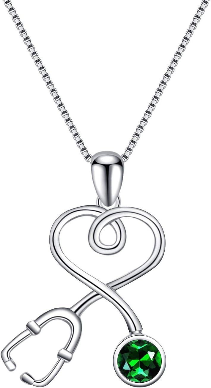 Sterling Silver Stethoscope Necklace w 12 Austria Birthstone Crystals Med Grad Gift-925 Silver - Emerald Green