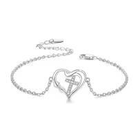 wholesale 925 Sterling Silver Heart Cross Charm Bracelet Wholesale for Women-Cross Bracelet(Silver)
