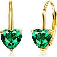 wholesale 14K Gold Heart-Shaped Green Stone Leverback Dainty Earrings-01-Gold Emerald Leverback Earrings