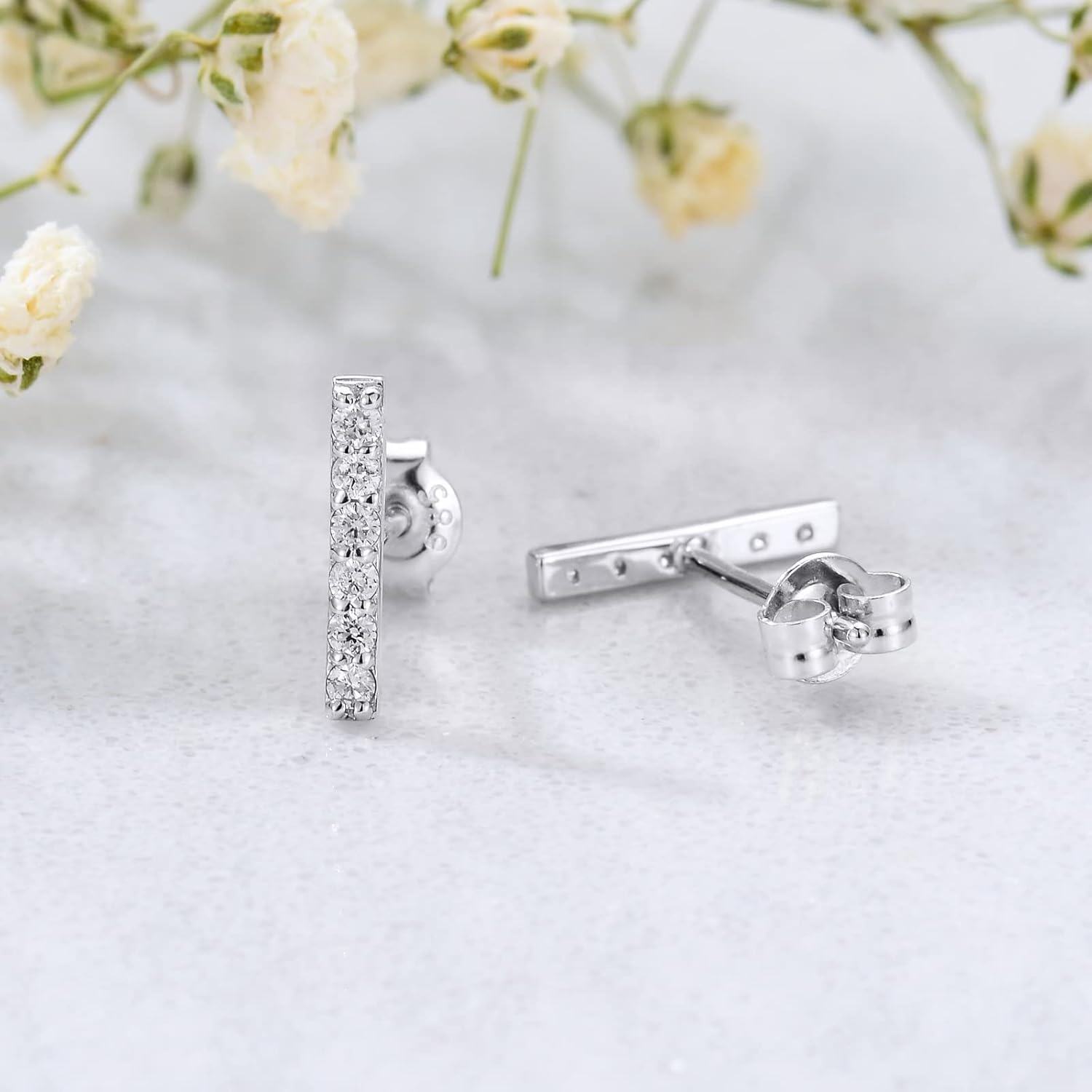 14K Gold Natural Diamond Bar Stud Earrings-0-1