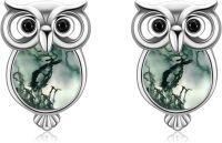 wholesale 925 Sterling Silver Green Agate Owl Stud Earrings - Cute Animal Jewelry for Women-04-Moss Agate Owl