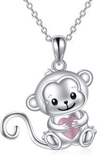 wholesale 925 Sterling Silver Monkey Heart Charm Pendant Animal Necklace s for Women-B-Monkey Rose Quartz