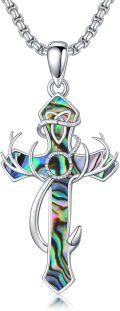 wholesale 925 Sterling Silver Abalone Shell Deer Antler Cross Pendant Necklace with Chain Gift for Men Hunters-0-0