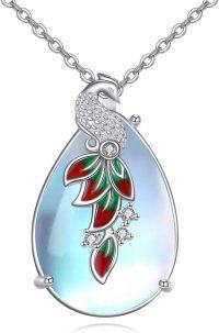 wholesale 925 Sterling Silver Teardrop Moonstone Peacock Pendant Necklace with Red Enamel Feathers and Cubic Zirconia Accents for Women-peacock 2