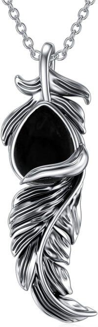 wholesale Sterling Silver Feather Pendant Necklace Jewelry for Women Christmas Birthday Gifts-A01-Black Onyx