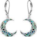 wholesale 925 Sterling Silver Crescent Moon & Star with Green Abalone Shell Inlay Leverback Drop Earrings-0-0