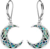 wholesale 925 Sterling Silver Crescent Moon & Star with Green Abalone Shell Inlay Leverback Drop Earrings-Abalone Moon Leverback Earrings