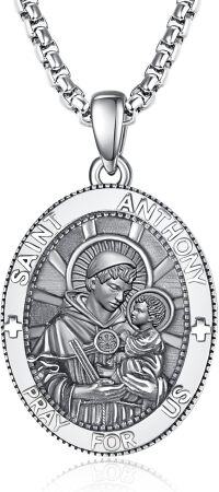 wholesale Sterling Silver Patron Saint Medal Amulet Necklace for Men 2 5mm 22 +2 Chain-A28-Saint Anthony