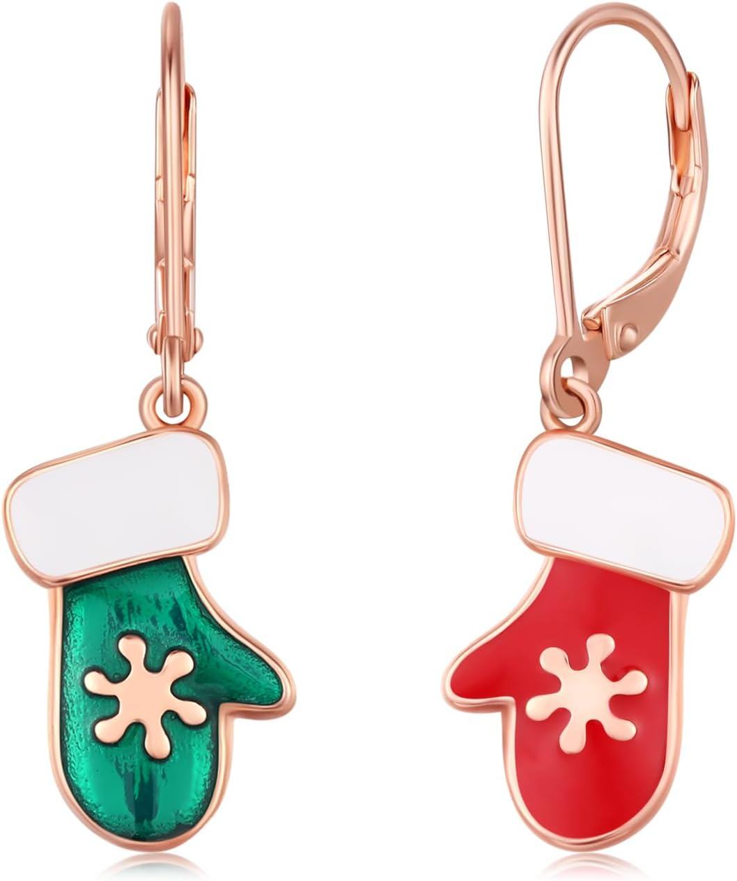 925 Sterling Silver Mitten Dangle Earrings with Red and Green Enamel for Women-0-0