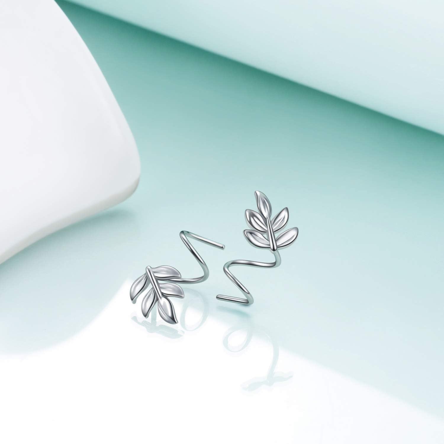 925 Sterling Silver Leaf Wrap Stud Earrings - Climbing Ear Jackets for Women and Girls-0-2