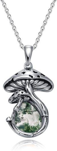 wholesale Sterling Silver Mushroom Necklace with Malachite Moss Agate Opal Moonstone Black Onyx Pendant Women s Jewelry Gift-Moss Agate Mushroom