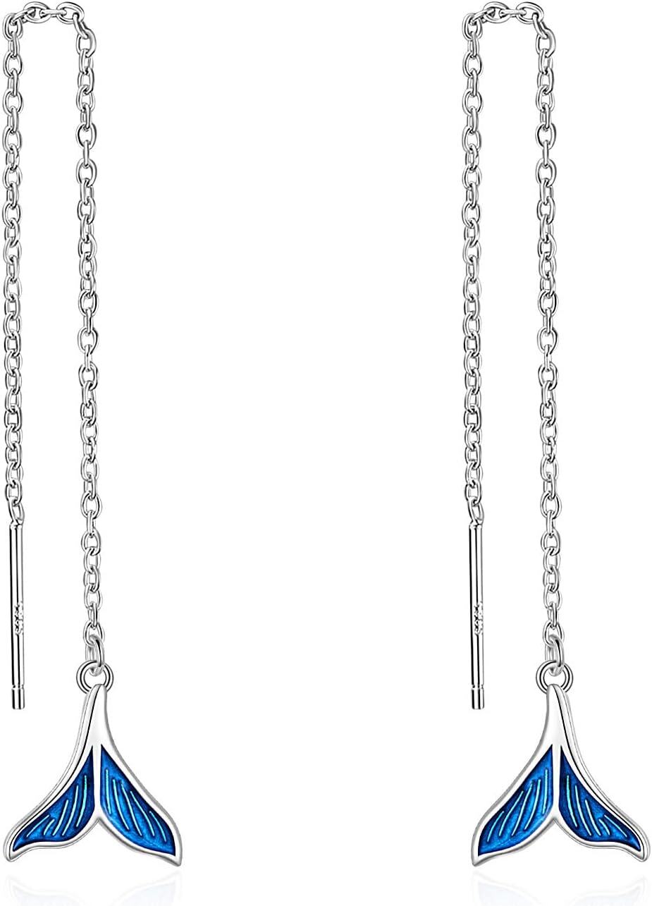 Sterling Silver Mermaid Tail Dragonfly Threader Earrings with Chain Jewelry Gift for Women-Mermaid Tail