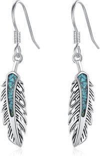 wholesale 925 Sterling Silver Feather Drop Earrings w/ Turquoise & Moss Agate Inlay-Feather