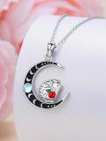 wholesale 925 Sterling Silver Fox on Crescent Moon with Red Apple and Blue Stone Pendant Necklace-0-2