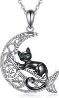 wholesale 925 Sterling Silver Black Cat Moon Pentagram Witch Pendant Necklace-0-0