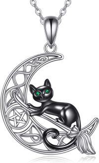 wholesale 925 Sterling Silver Black Cat Moon Pentagram Witch Pendant Necklace-Cat Necklace