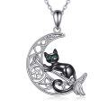 wholesale 925 Sterling Silver Black Cat Crescent Moon Pentagram Zircon Pendant Necklace-0-0