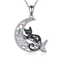 wholesale 925 Sterling Silver Black Cat Crescent Moon Pentagram Zircon Pendant Necklace-Cat Necklace