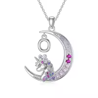 TOUPOP 14k White Gold Plated Pink Zircon Unicorn Initial Letter O Necklace-undefined