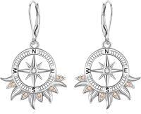 wholesale 925 Sterling Silver Compass Drop Earrings with Cubic Zirconia and Leaf Design Gift for Her-Compass