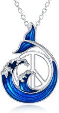 wholesale 925 Sterling Silver Blue Enamel Peace Sign & Ocean Wave Whale Tail Pendant Necklace for Women-0-0