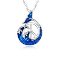 wholesale 925 Sterling Silver Blue Enamel Peace Sign & Ocean Wave Whale Tail Pendant Necklace for Women-Peace Sign