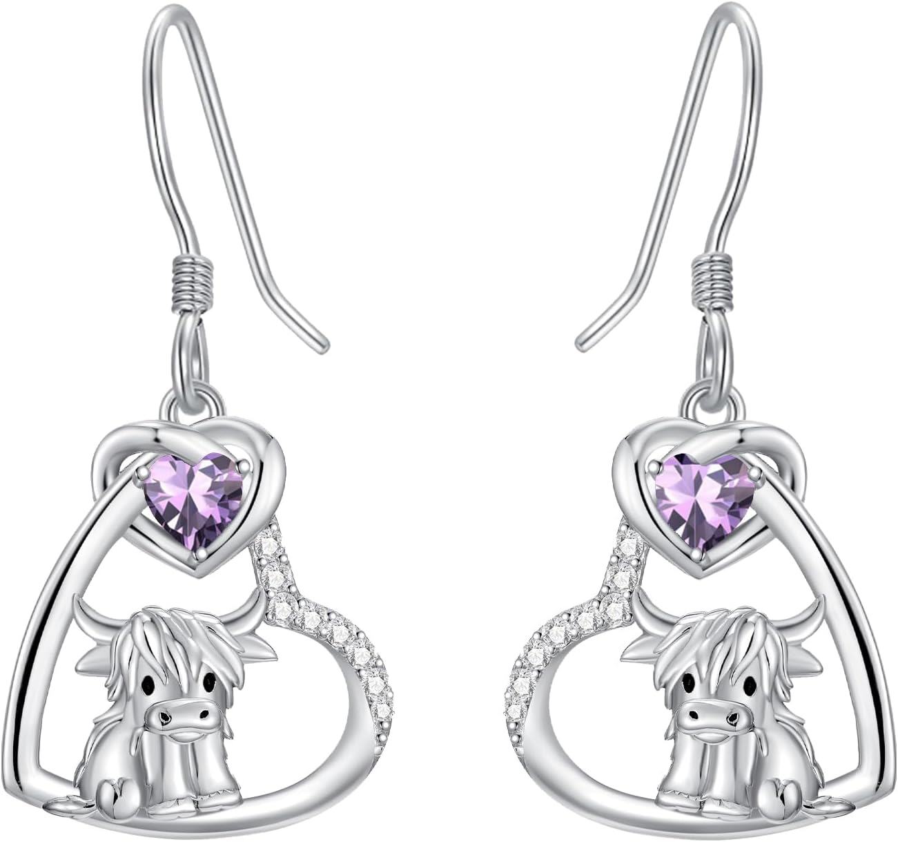 Sterling Silver Birthstone Highland Cow Dangle Earrings Scotland Western Gift-02-Feb-Amethyst
