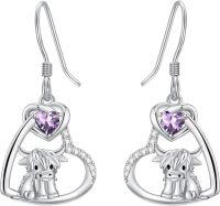 wholesale 925 Sterling Silver Birthstone Highland Cow Dangle Earrings Scotland Western Gift-02-Feb-Amethyst