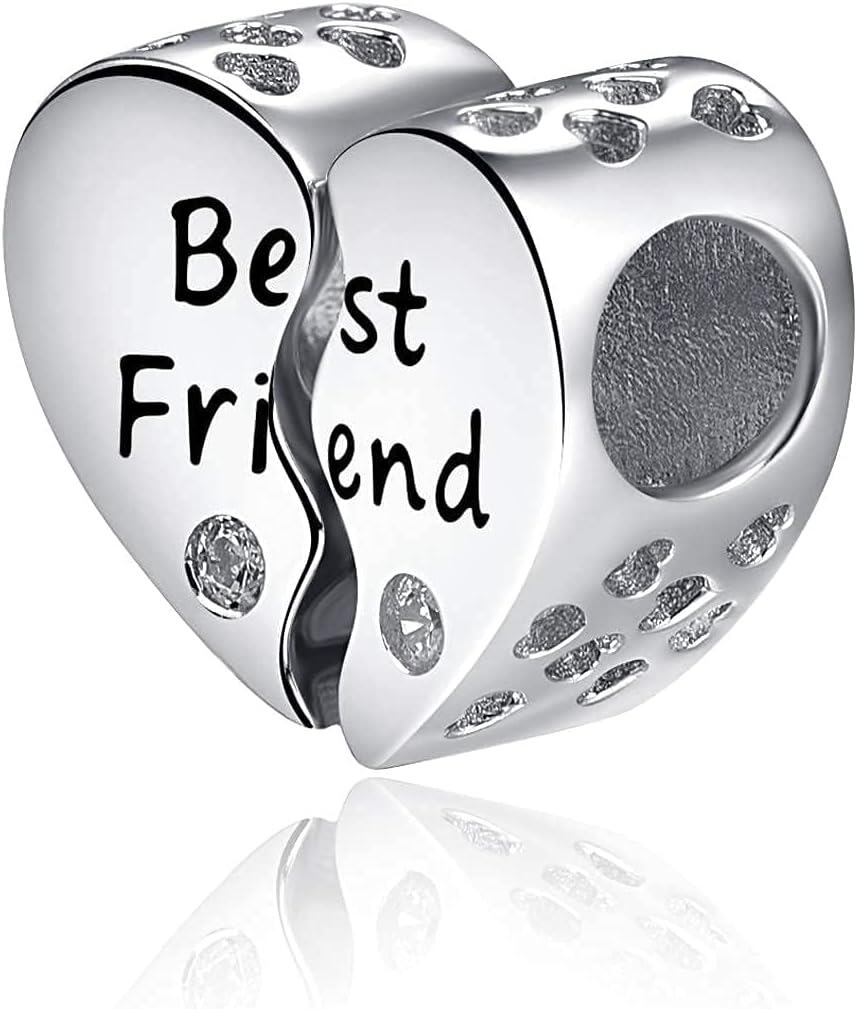 wholesale 925 Sterling Silver Heart Best Friend Charm Bead Bracelet Pendant Necklace Gift for Women Girls DIY Jewelry Making Supplies Accessories 6mm Hole Size (Set of 4)-0-0