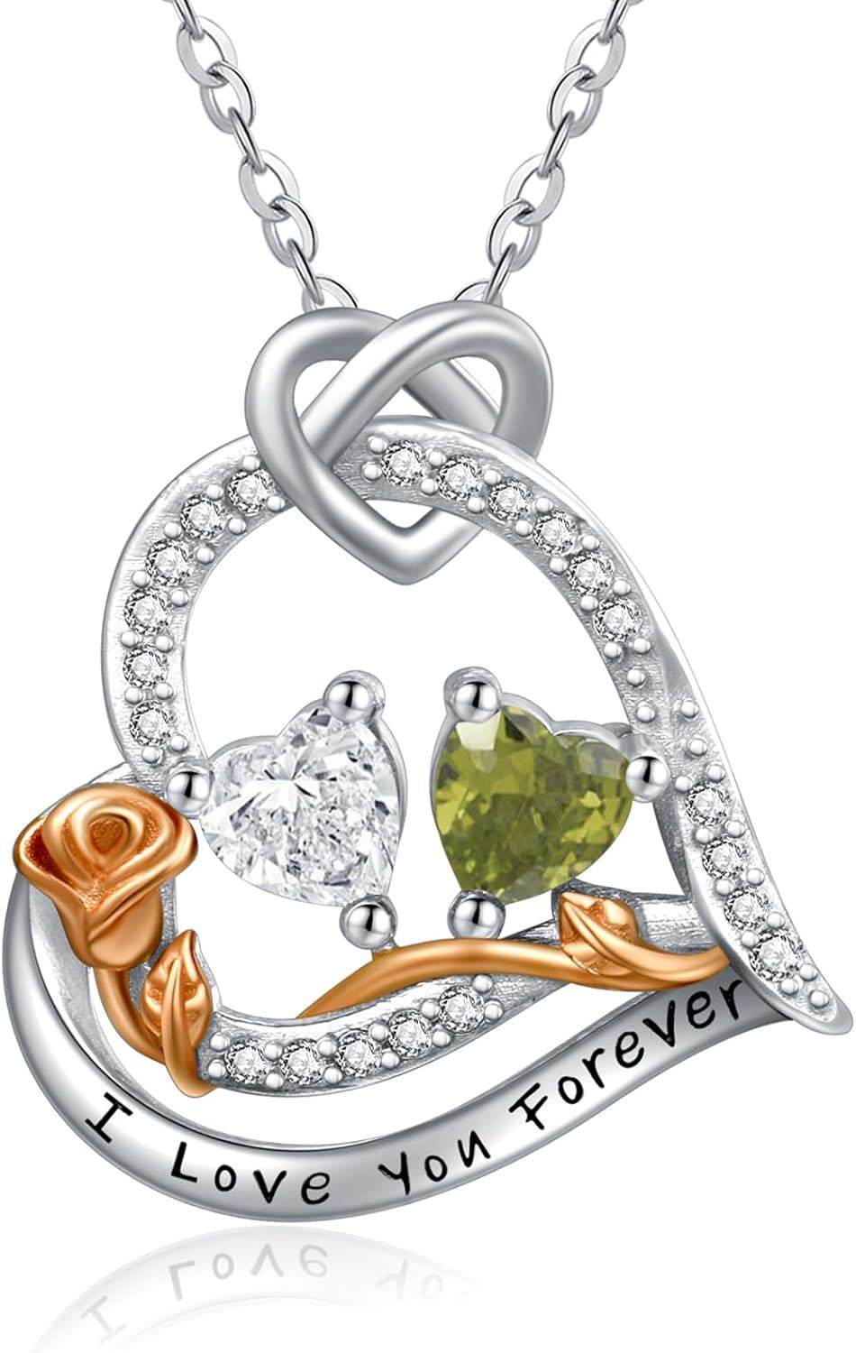  Sterling Silver 2 Birthstones Rose Heart Necklace for Women -04-08-Apr-Aug