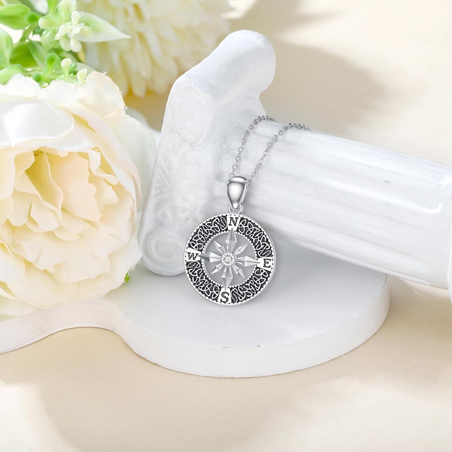 wholesale 925 Sterling Silver Round Compass Pendant with Cubic Zirconia and Moonstone - 925 Sterling Silver Jewelry for Women-0-1