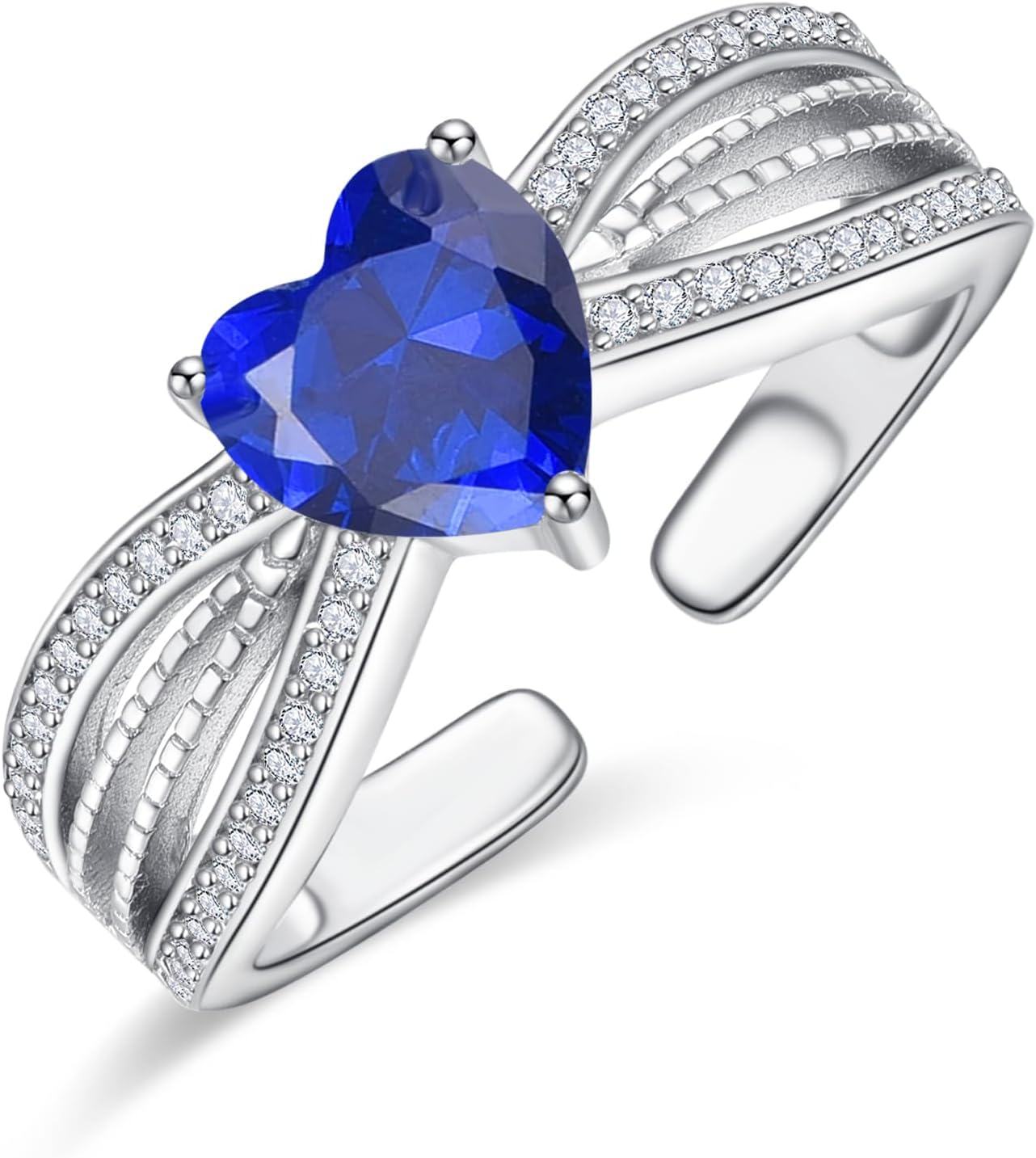 Sterling Silver CZ Heart Rings Adjustable Birthstone Jewelry Gift for Women Mom-September Birthstone