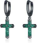 wholesale Black 925 Sterling Silver Green Stone Cross Huggie Hoop Dangle Earrings-0-0