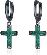 wholesale Black 925 Sterling Silver Green Stone Cross Huggie Hoop Dangle Earrings-Black Cross (Malarchite Gravels)