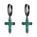 wholesale Black 925 Sterling Silver Green Stone Cross Huggie Hoop Dangle Earrings-0-0